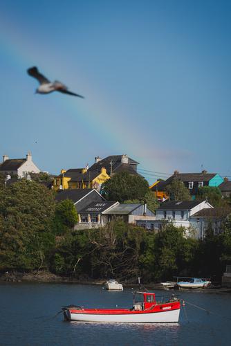 Разноцветные дома на фоне радуги