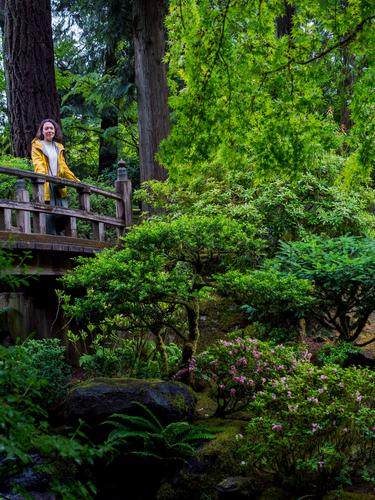Девушка на деревянном мосту в саду